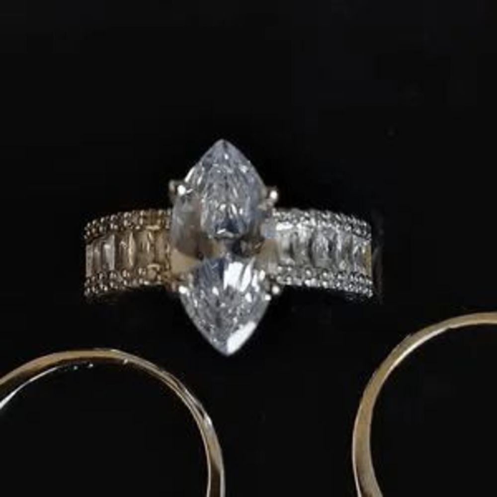 STERLING SILVER MARQUISE CUT BAGUETTE DIAMOND RING AND DIAMOND RING GUARDS - Picture 7 of 7